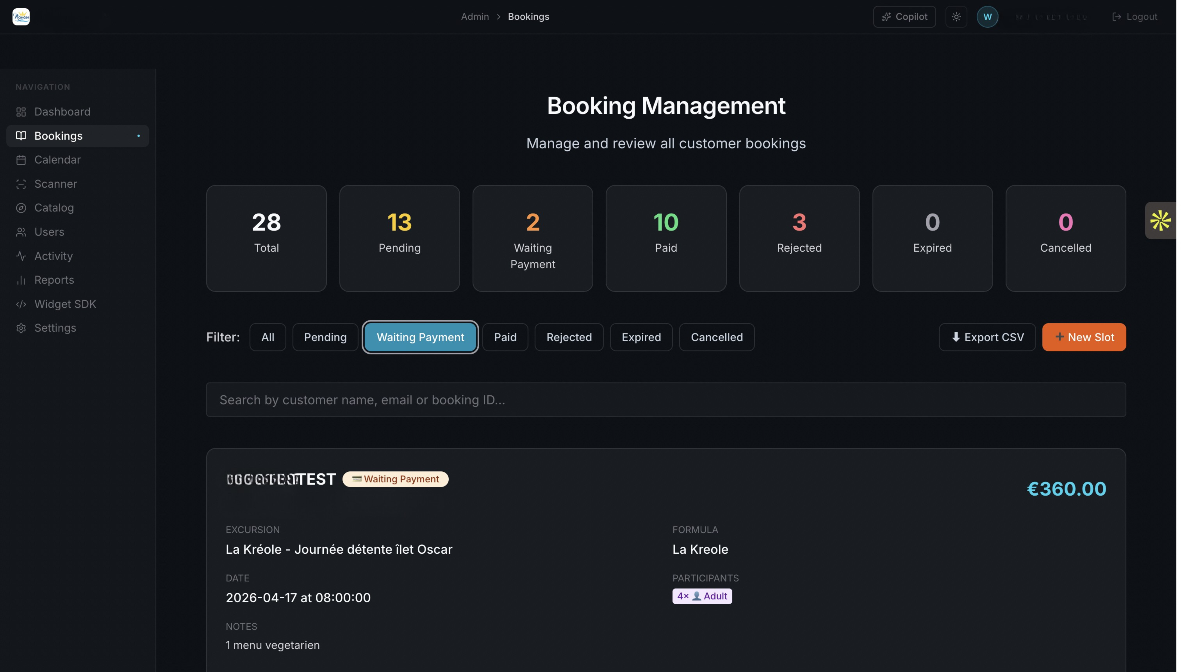 Booking management dashboard